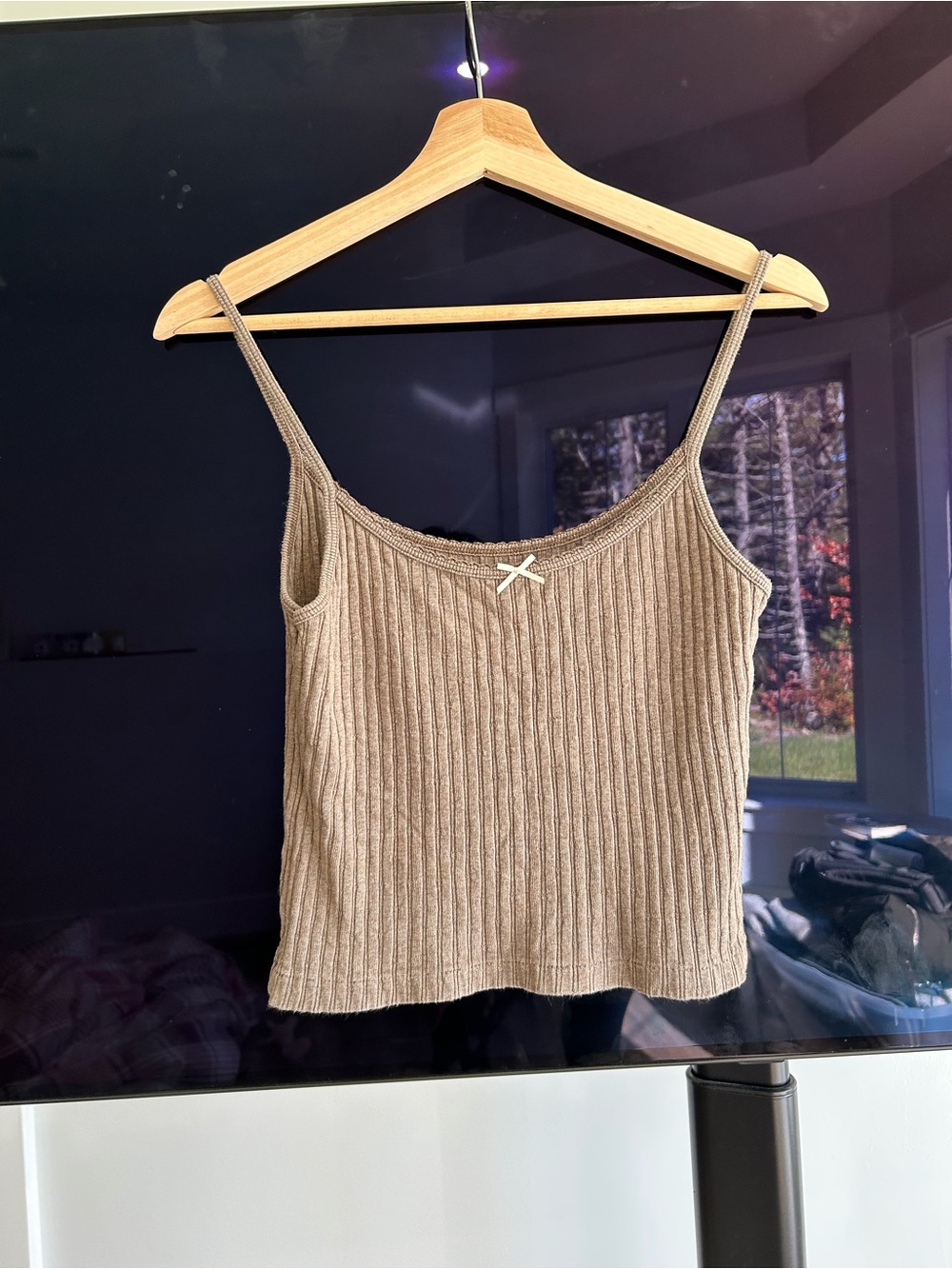 Brandy Melville Ribbed Spaghetti Strap Tank - Taupe